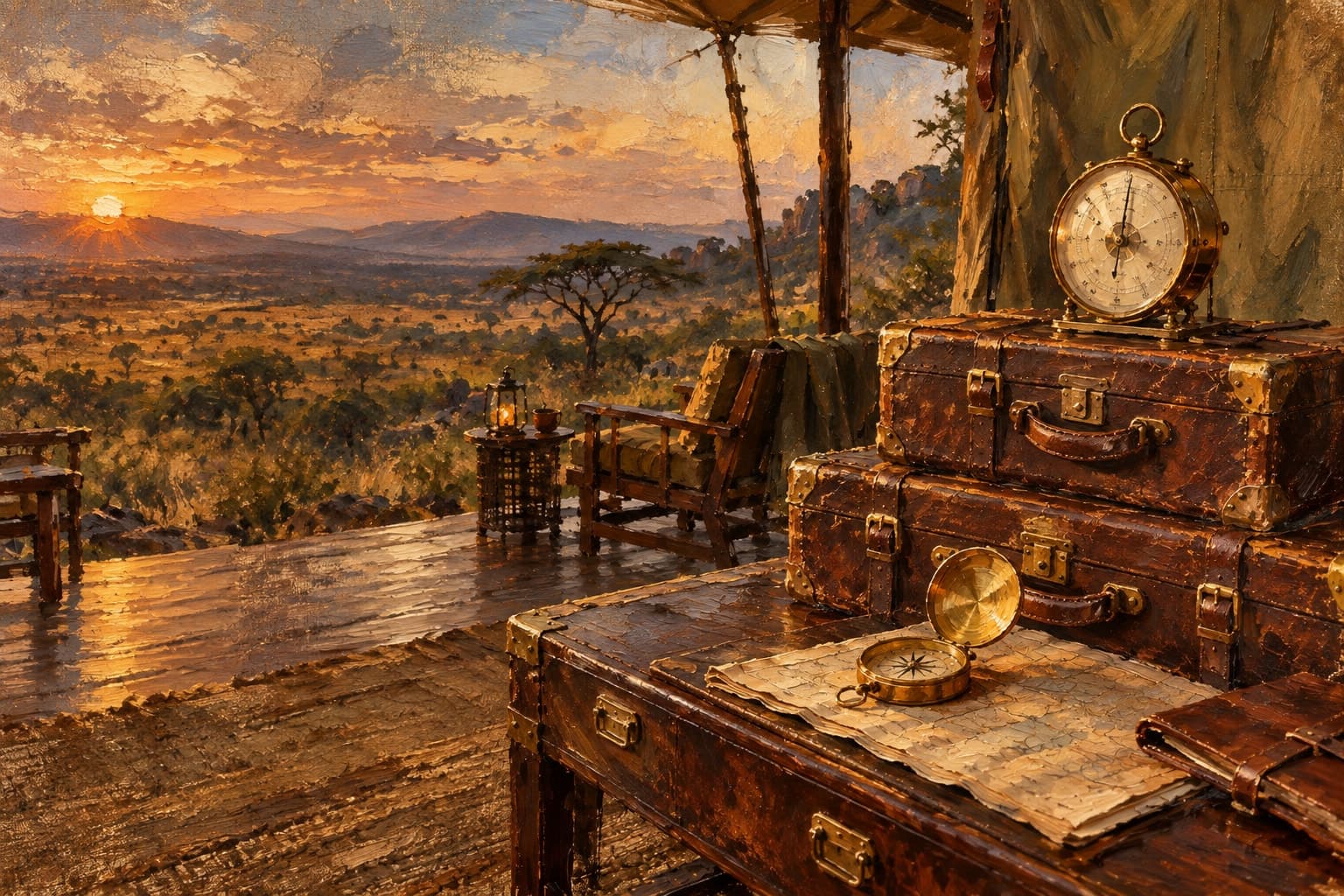 Oil painting of a safari veranda, leather expedition trunks, a brass barometer and compass overlooking the savannah